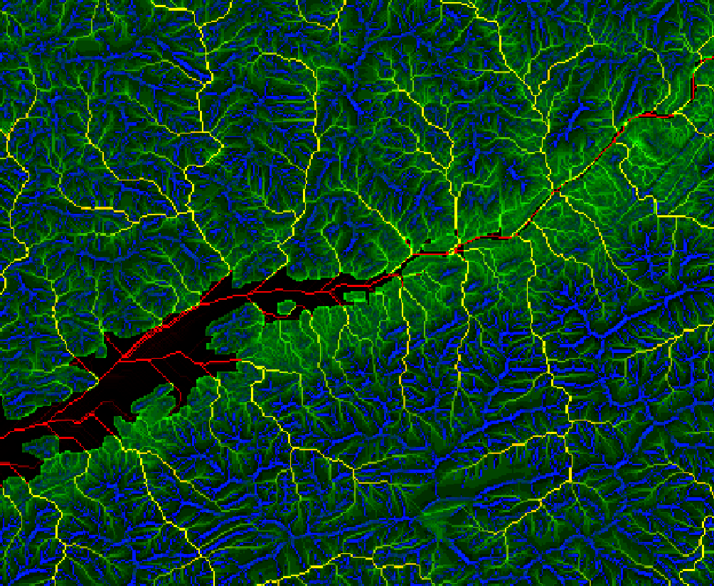 BenGaffinet's tweet photo. Algorithmic art, no AI involved!🧑‍🎨🤖 #AI #art 

Processing Digital Elevation Models with hydrological #algorithms can look alien if you let QGIS choose the colors automatically.  #geography 

(I'm not serious about calling it art😂) https://t.co/R5ZScEAX2e