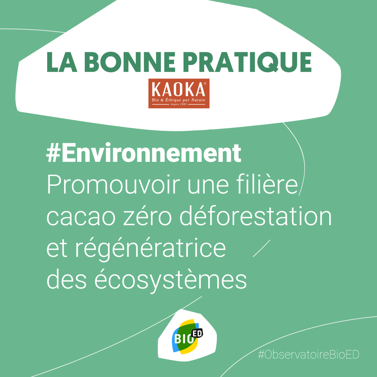 Comment améliorer l'impact environnemental de son activité ? 🍫 Kaoka promeut une filière cacao zéro #déforestation et régénératrice des écosystèmes dégradés par l’#agroforesterie 🌳

Pour découvrir d'autres bonnes pratiques 👉 bit.ly/39zj9qu 
#ObservatoireBioED #RSE
