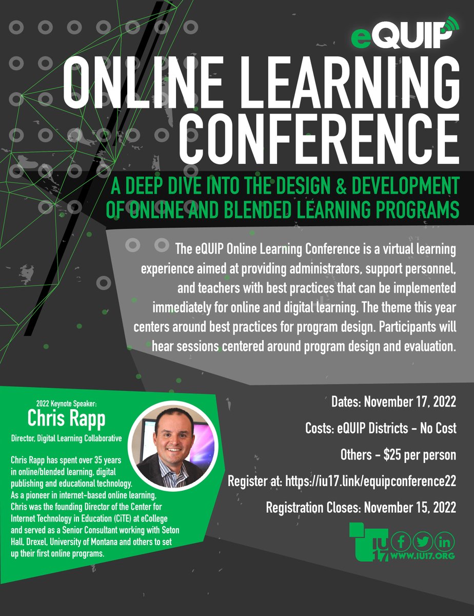 The 2022 eQuip Online Learning Conference is here! 
Get ready for this virtual learning experience aimed at providing administrators, support personnel, and teachers with the best practices! 
Register today at iu17.link/equipconferenc…
#EQUIP2022 #OnlineLearning <a href="/PADeptofEd/">PA Department of Education</a> <a href="/PAIU/">PAIU</a>