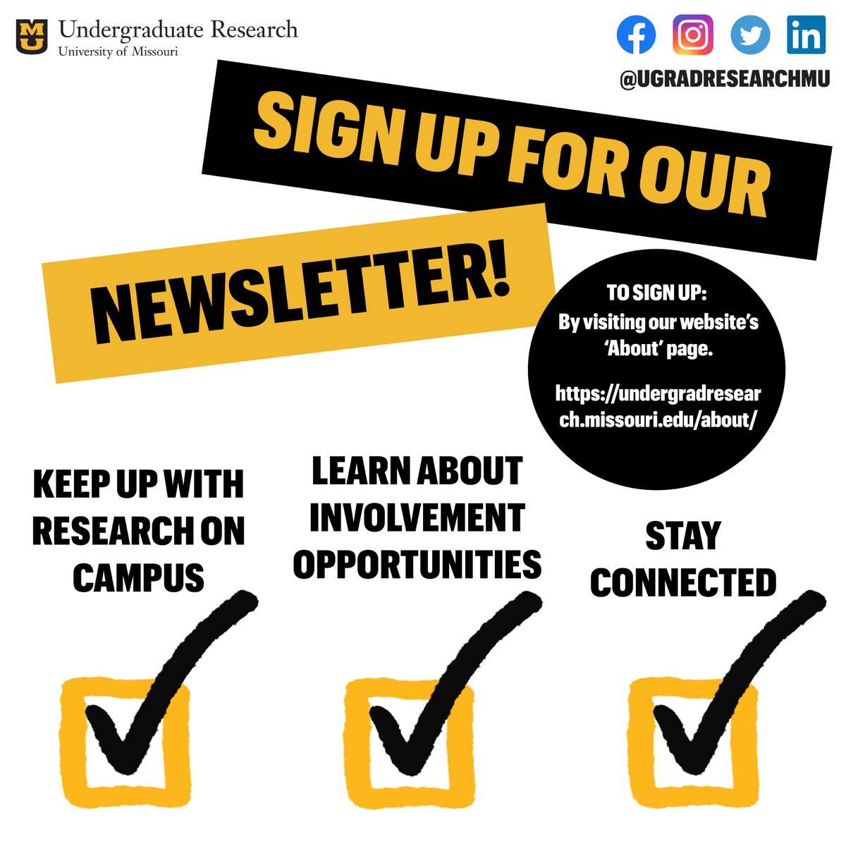 MU Undergraduate Research (@ugradresearchmu) on Twitter photo Did you know... Research is approachable and POSSIBLE for any MU student? Get connected to our newsletter & open the door to UG research TODAY --> tinyurl.com/AboutUGR
<a href="/MizzouResearch/">Mizzou Research</a> <a href="/MUCAFNRresearch/">Mizzou CAFNR Research</a> <a href="/cafnr/">Mizzou CAFNR</a> <a href="/MizzouAandS/">Mizzou College of Arts & Science</a> <a href="/MizzouCares/">Mizzou Cares</a> <a href="/MizzouLibraries/">Mizzou Libraries</a> Did you know... Research is approachable and POSSIBLE for any MU student? Get connected to our newsletter & open the door to UG research TODAY --> tinyurl.com/AboutUGR
<a href="/MizzouResearch/">Mizzou Research</a> <a href="/MUCAFNRresearch/">Mizzou CAFNR Research</a> <a href="/cafnr/">Mizzou CAFNR</a> <a href="/MizzouAandS/">Mizzou College of Arts & Science</a> <a href="/MizzouCares/">Mizzou Cares</a> <a href="/MizzouLibraries/">Mizzou Libraries</a>