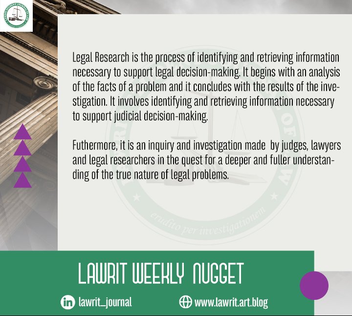 Lawrit_journal's tweet photo. Legal research is the process of identifying and retrieving information necessary to support legal decision making. It begins with an analysis of the facts of a problem and...
#DidYouKnow
#weeklynugget
#wednesdaynugget
#wednesday
#law
#lasjol
#lawrit
#legalresearch https://t.co/6AhxRwGux4