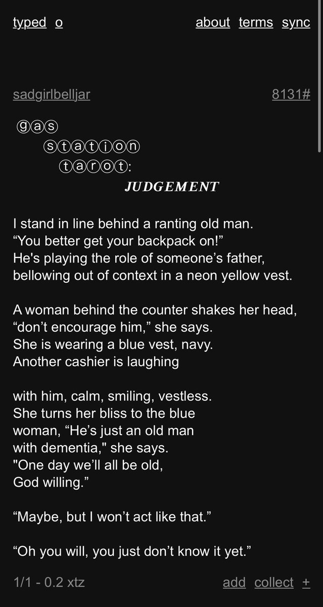 sadgirlbelljar's tweet photo. Gas station tarot: pump numbers translate to major arcana. Choose, then pay attention. 🖤🎴#tarot #gasstationlines #20lines #judgement #nftpoetry #tezosart #CleanNFT #sadgirlbelljar https://t.co/w6ljtDnXGC