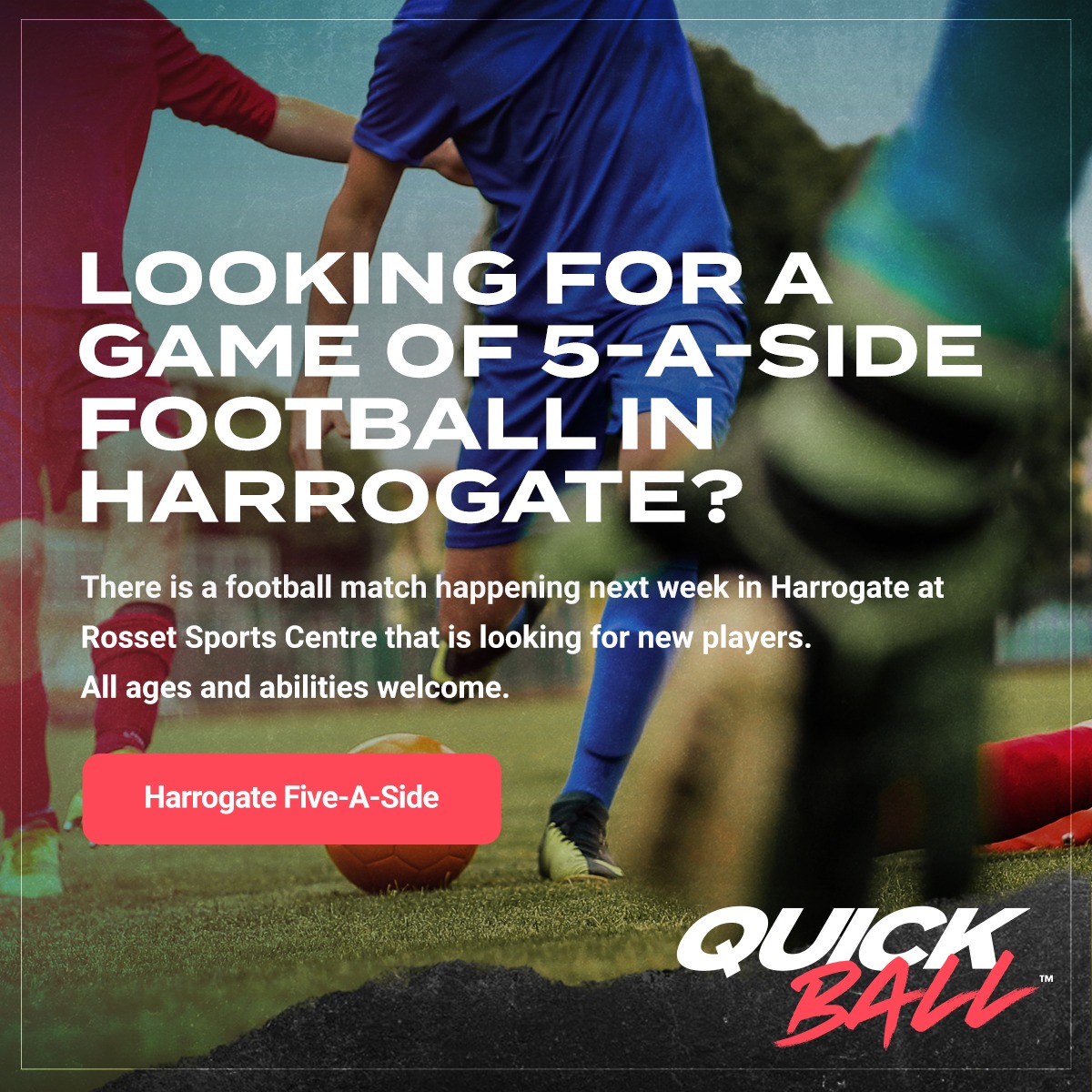 QuickBall_UK's tweet image. Looking for a game of 5-A-Side Football in Harrogate? Visit QuickBall.co.uk to find a game now, no need to register. All ages &amp;amp; abilities welcome. #grassrootsfootball #Harrogate