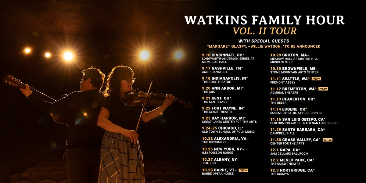 The Vol. II Tour just got more special! @mglaspy is joining us in Sept and @WillieWatsongs is joining in Oct! Our special guest will play the show with us, joining in on covers, originals and sharing their own songs in true Family Hour style. Tickets: watkinsfamilyhour.com/tour