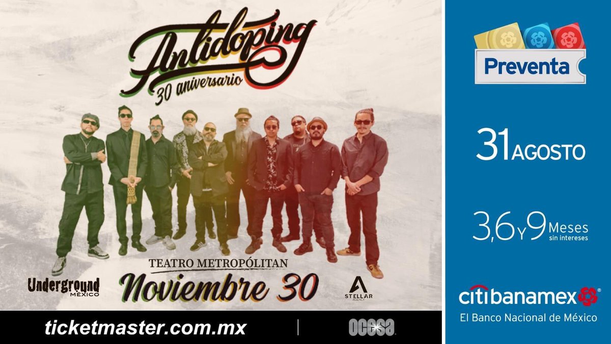 antidopingmx's tweet image. FAMILIA!! En unos minutos inicia la PREVENTA EXCLUSIVA CITIBANAMEX para "ANTIDOPING 30 ANIVERSARIO en el TEATRO METROPÓLITAN", asegura los mejores lugares para esta celebración única e inolvidable 💚💛❤️✨
🎟 bit.ly/3R2G1il
#antidoping30 #antidopingreggae