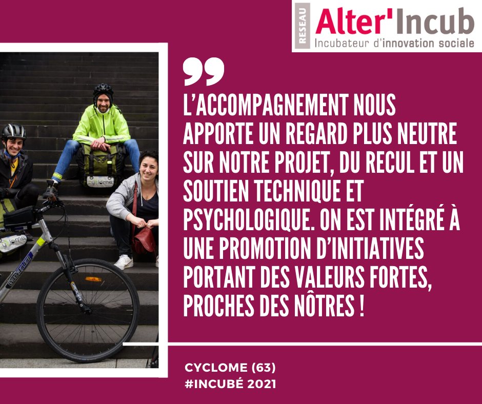 🚀Comme <a href="/Cyclome_coop/">Cyclôme</a>, vous souhaitez vous faire accompagner pour développer un #projet à finalité #sociale et/ou #environnementale sur votre territoire ? 
👉Candidatez avant le 21 septembre 2022 et développez votre projet avec <a href="/AlterIncubAURA/">Alter'Incub AURA</a>  : lnkd.in/dH3wSdQ