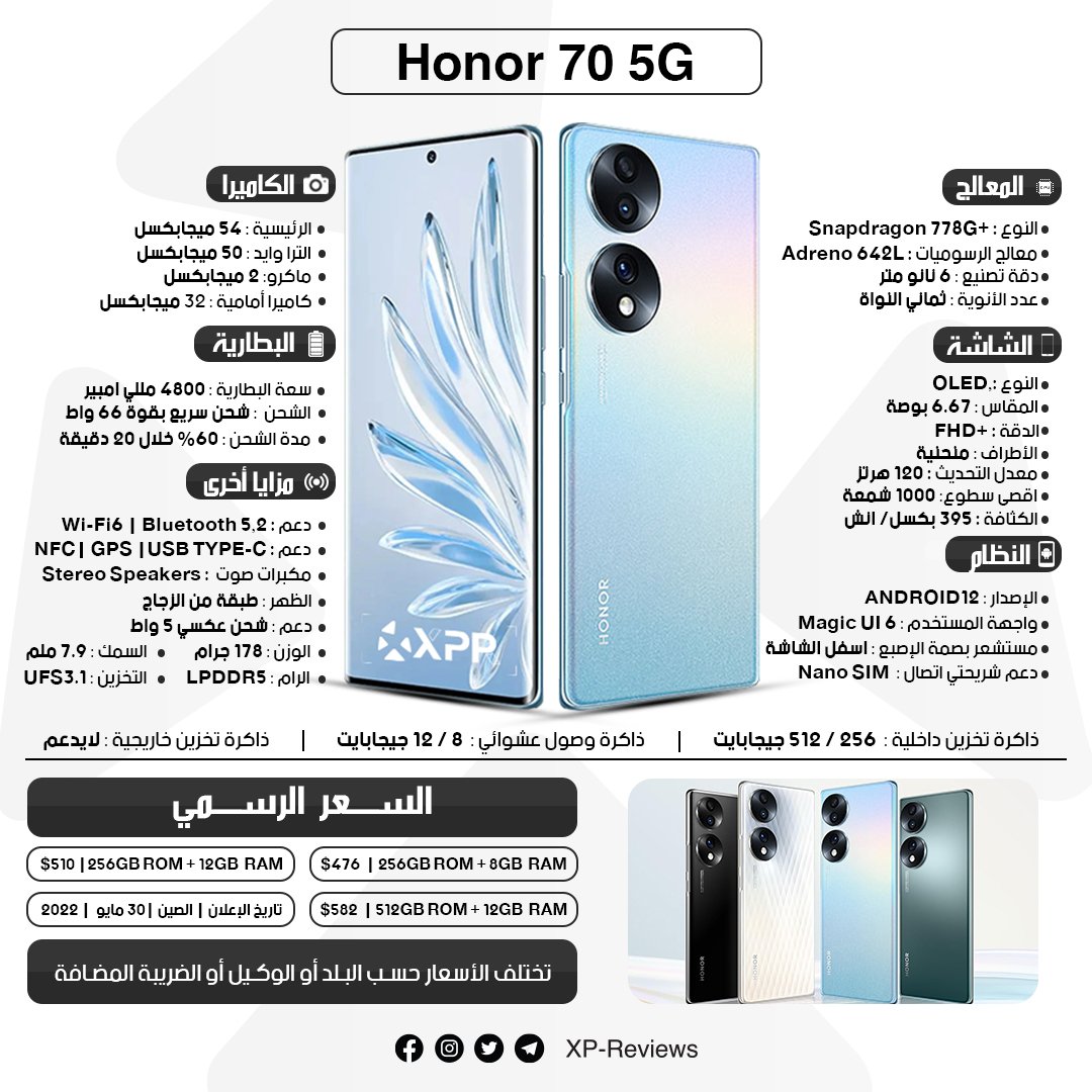 xp_reviews's tweet photo. #هواتف_هونر
◀️ أعلنت شركة هونر عن سلسة هواتفها Honor 70 Series 5G في الصين في شهر مايو وهي الآن متوفرة عالميا.
▪ مواصفات &amp; سعر سلسلة هواتف Honor 70 Series 5G في الصور👇👇
◀️ إذا أعجبك المحتوى لاتبخل علينا بريتويت ❤️❤️

#XPReviews
#Honor705g
#Honor70pro5g
#Honor70proplus5g
#honor https://t.co/5sKWO9aGfW