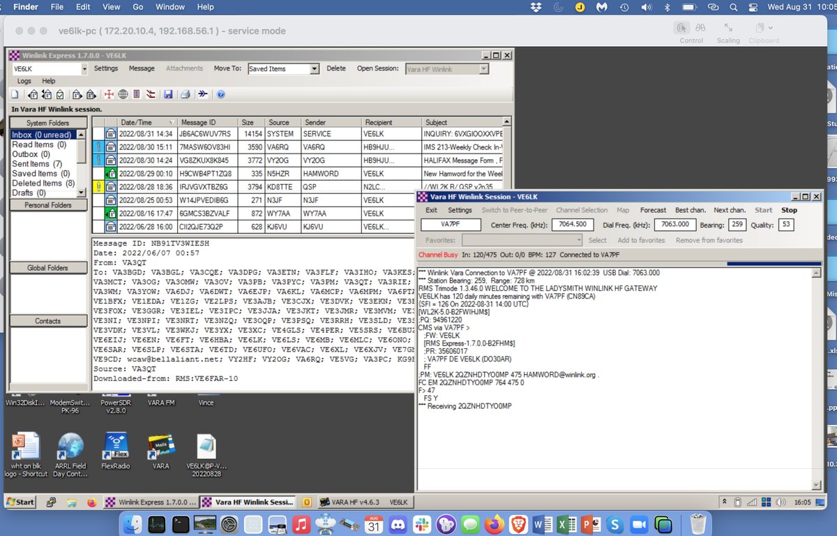 VE6LK's tweet photo. Aaand this is what it looks like when the trackpad on your computer fails while doing Winlink. On the left I'm using my Mac to VNC into the Win7 machine on the right. #HamSmarter https://t.co/y9DbP3FREz