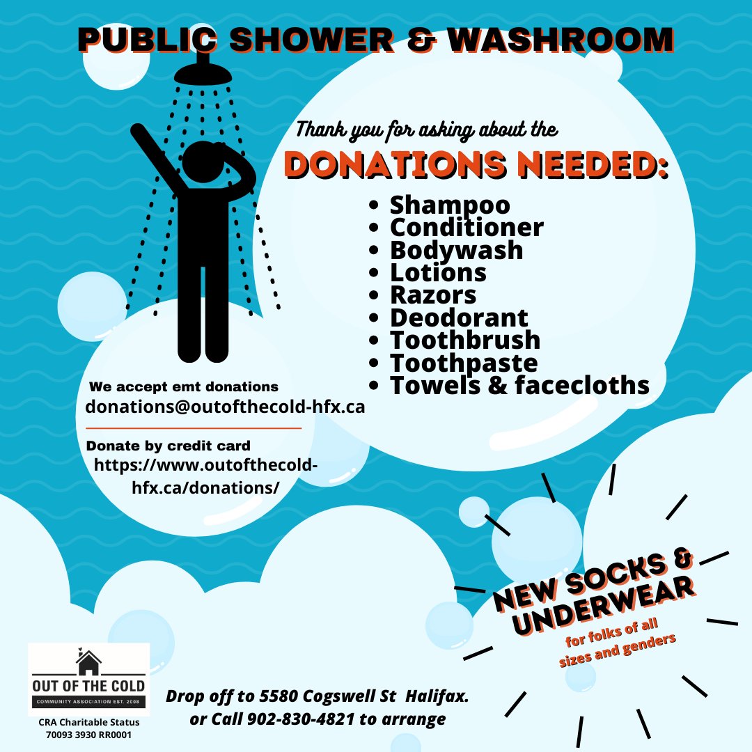 OTChfx's tweet photo. We are in URGENT need of donations for our shower program.

Shampoo
Conditioner
Bodywash
Lotions
Razors
Deodorant
Toothbrush
Toothpaste 
Towels &amp; facecloths

Drop-off at 5580 Cogswell St, Halifax.
or Call 902-830-4821 to arrange.

Thank you for your support!!
#CommunityCare https://t.co/VA6CyTwlKt