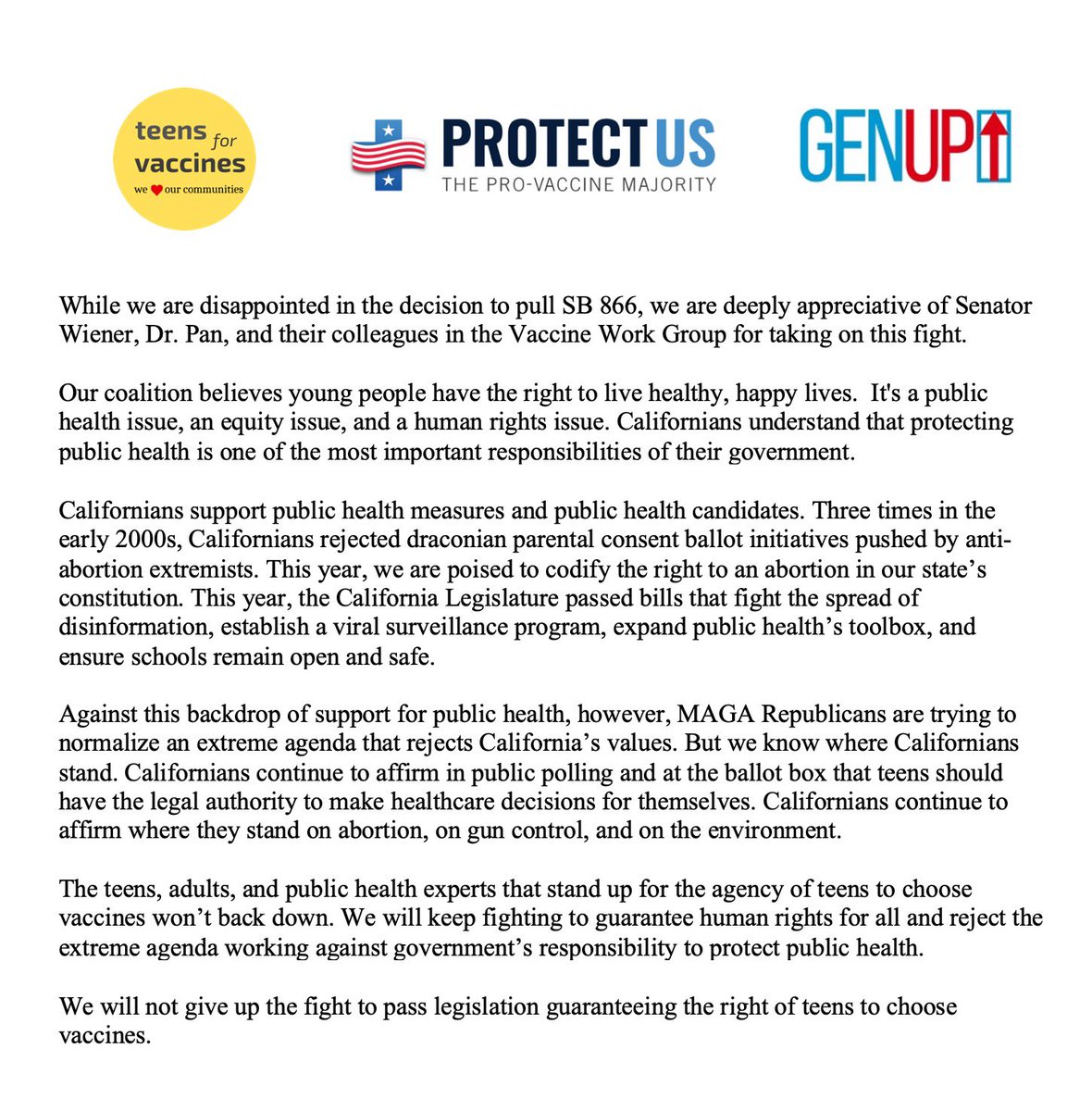 Read our statement below regarding the decision to move #SB866 to inactive: