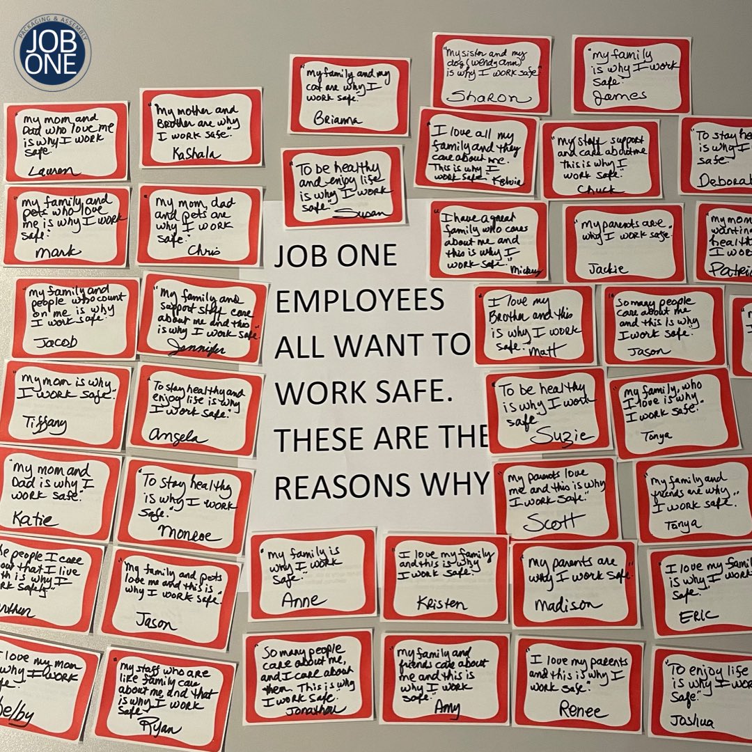 JobOneKC's tweet photo. Why do you choose to work safely? Check out the fantastic reasons our employees shared with us! Proudly wearing their ‘why’ sticker as they fulfilled customer contracts, we noticed common themes: family, health, and quality of life!
#JobOneKC
#PackagingAndAssembly https://t.co/7kVCCs1pKD