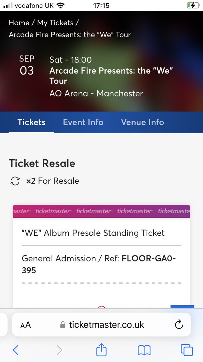 AblettTate_Jon's tweet photo. Two standing tickets for sale on Ticketmaster for #arcadefire on Saturday on Manchester. Let me know if interested…. https://t.co/Y2wmton70A