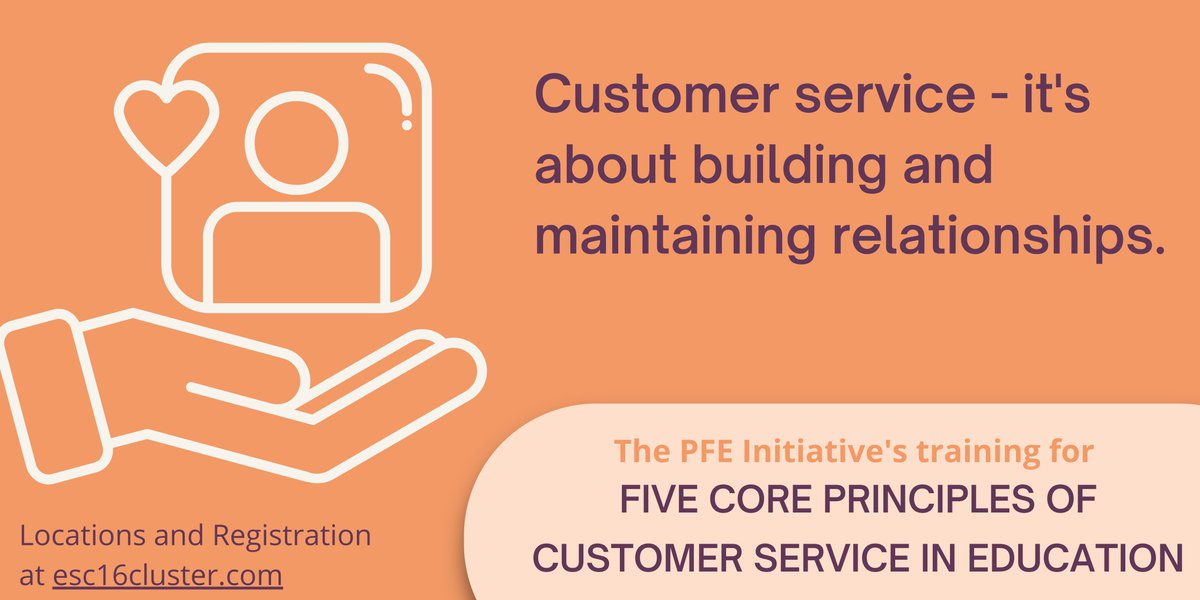 The PFE Initiative's training, 'Five Core Principles for Customer Service in Education,' is still open for registration! This is a great opportunity to learn the importance of providing outstanding customer service within schools. Register at esc16cluster.com!