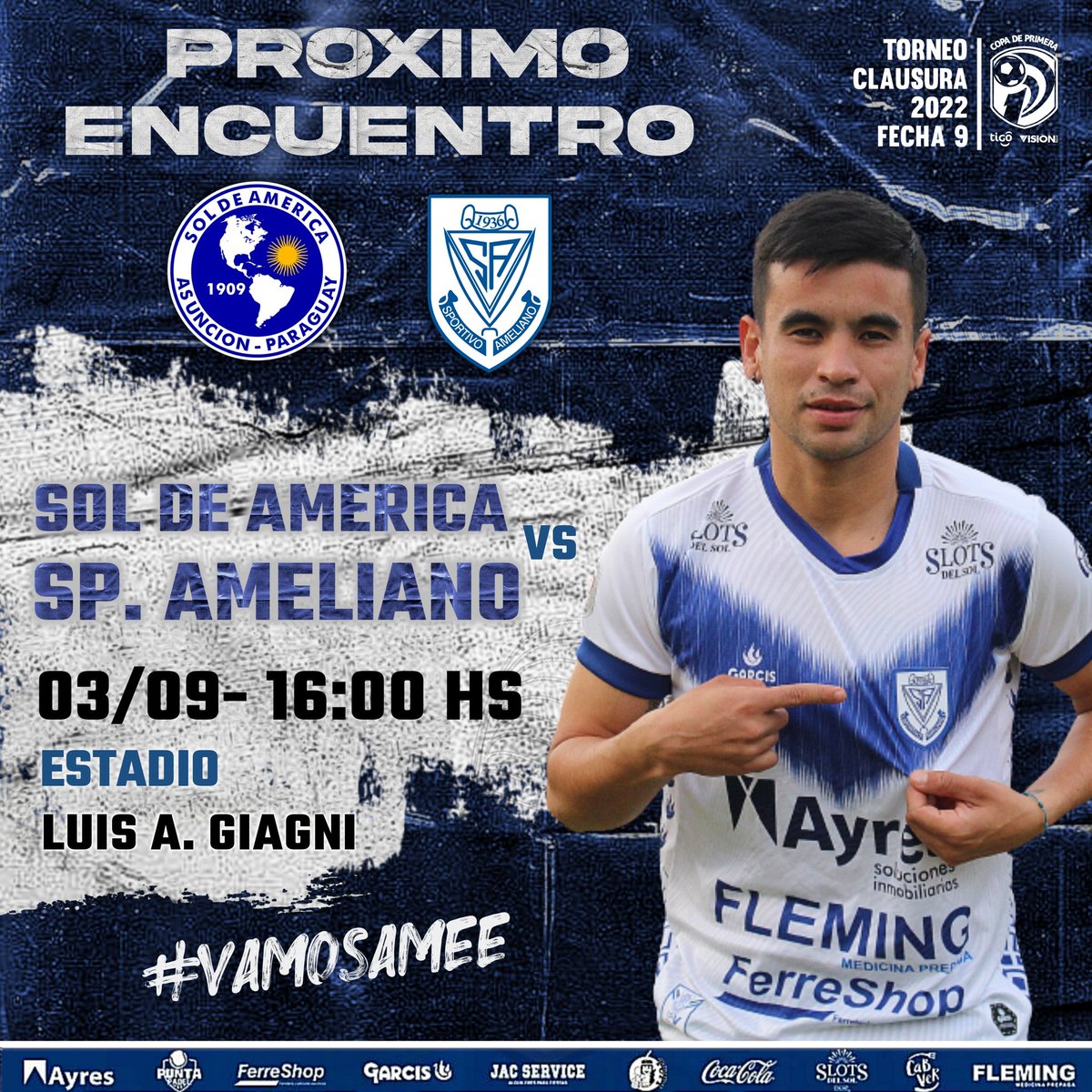 ClubSpAmeliano's tweet photo. Nos vamos de visita 🎶 
.
Nos mediremos ante el Club Sol De América por la fecha 9 del Clausura 2022.
.
🔹Todos con LA V AZULADA 🙌
.
#LaVAzulada #VamosAmeee ⚪ 🔵 ⚪ https://t.co/6ql9Z618wz