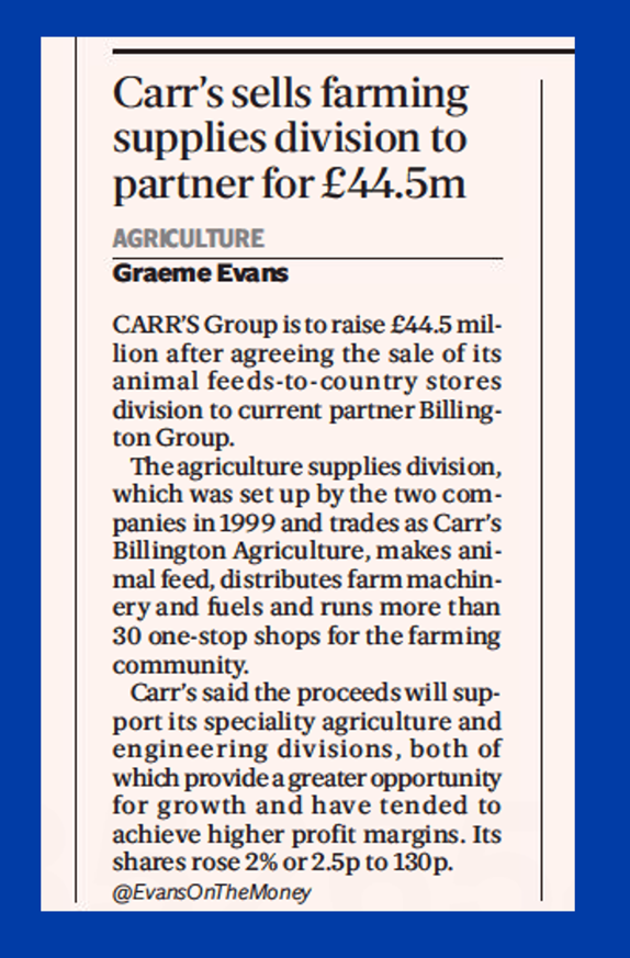 carrsgroup's tweet photo. Today’s announcement regarding the disposal of our interests in the Agricultural Supplies Division has been picked up by @standardcity, where @EvansOnTheMoney has written the following article. https://t.co/34AO29yCnf