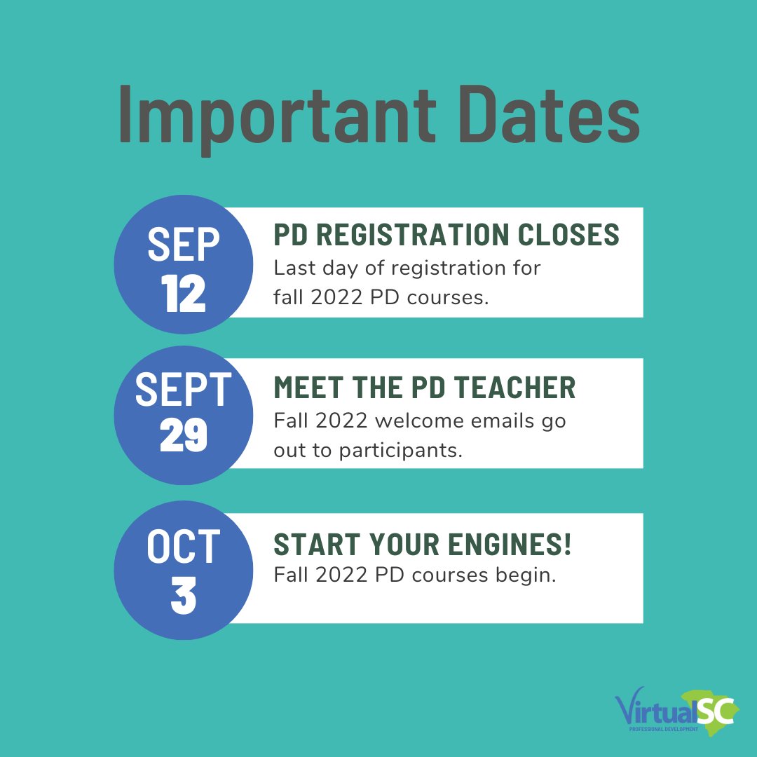 Take a look at the upcoming important dates for the VirtualSC PD fall term. Courses will end on November 20, 2022. Bookmark our Dates page to reference: virtualscpd.com/index.php/date…