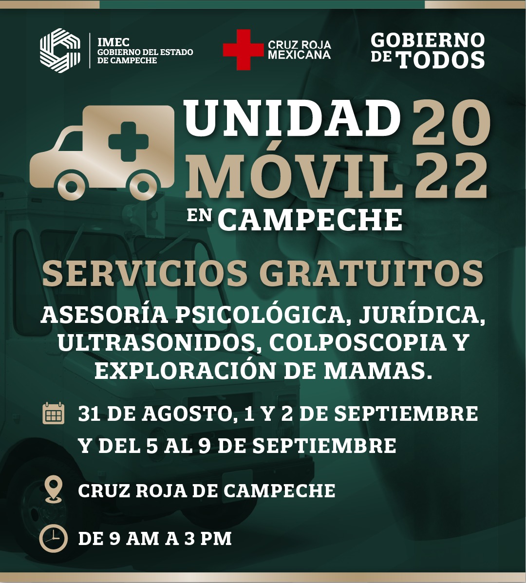 LaydaSansores's tweet photo. En la Unidad Móvil podrás encontrar servicios gratuitos de asesoría psicológica, jurídica, ultrasonidos, colposcopia y exploración de mamas. Estará en las instalaciones de la Cruz Roja, #Campeche.

¡No dejen pasar esta oportunidad! https://t.co/MpEfGJZkVh