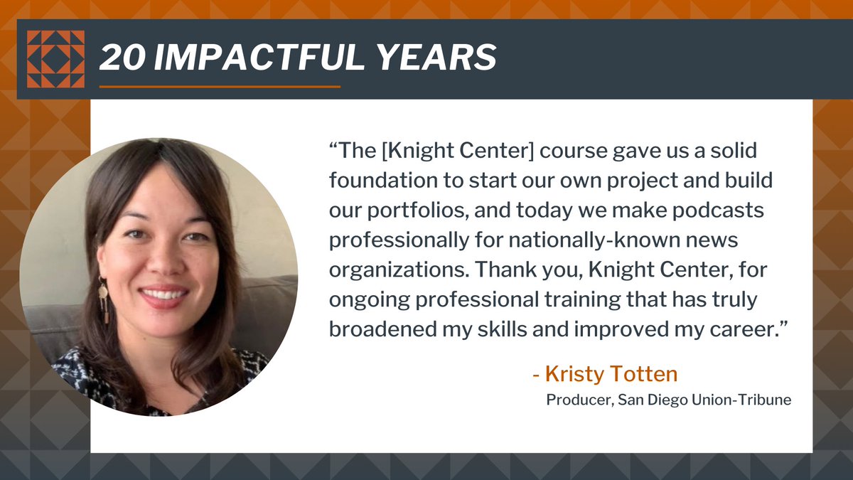 KnightCenterUT's tweet photo. 🗣️ We asked members of the @KnightCenterUT community to tell us how our programs and activities have impacted their careers and journalism around the world. 

Here is what @kristy_tea said ➡️

🎉#KnightCenter20 https://t.co/kAr3TZf62t