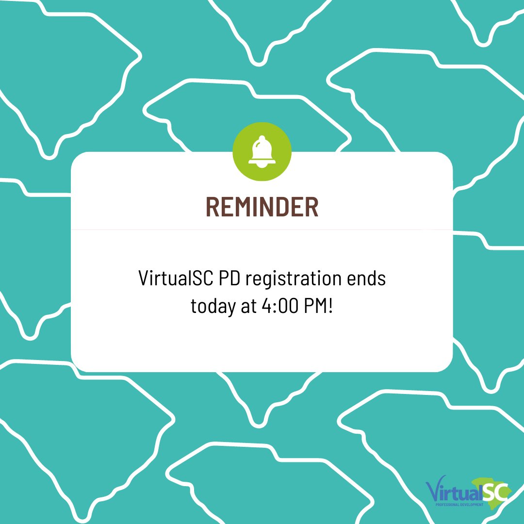 Friendly reminder: VirtualSC PD’s fall registration ends TODAY at 4:00 PM.
VirtualSC PD Registration Information: virtualscpd.com/index.php/regi…