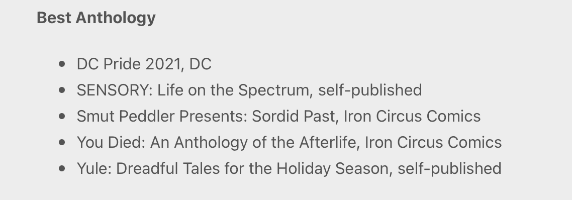 Wow! I worked on two of the Ringo Award nominated anthologies, DC Pride 2021 and You Died: An Anthology of the Afterlife. Would love if you voted for one of them and supported me and all the other amazing creators who worked on these books. 