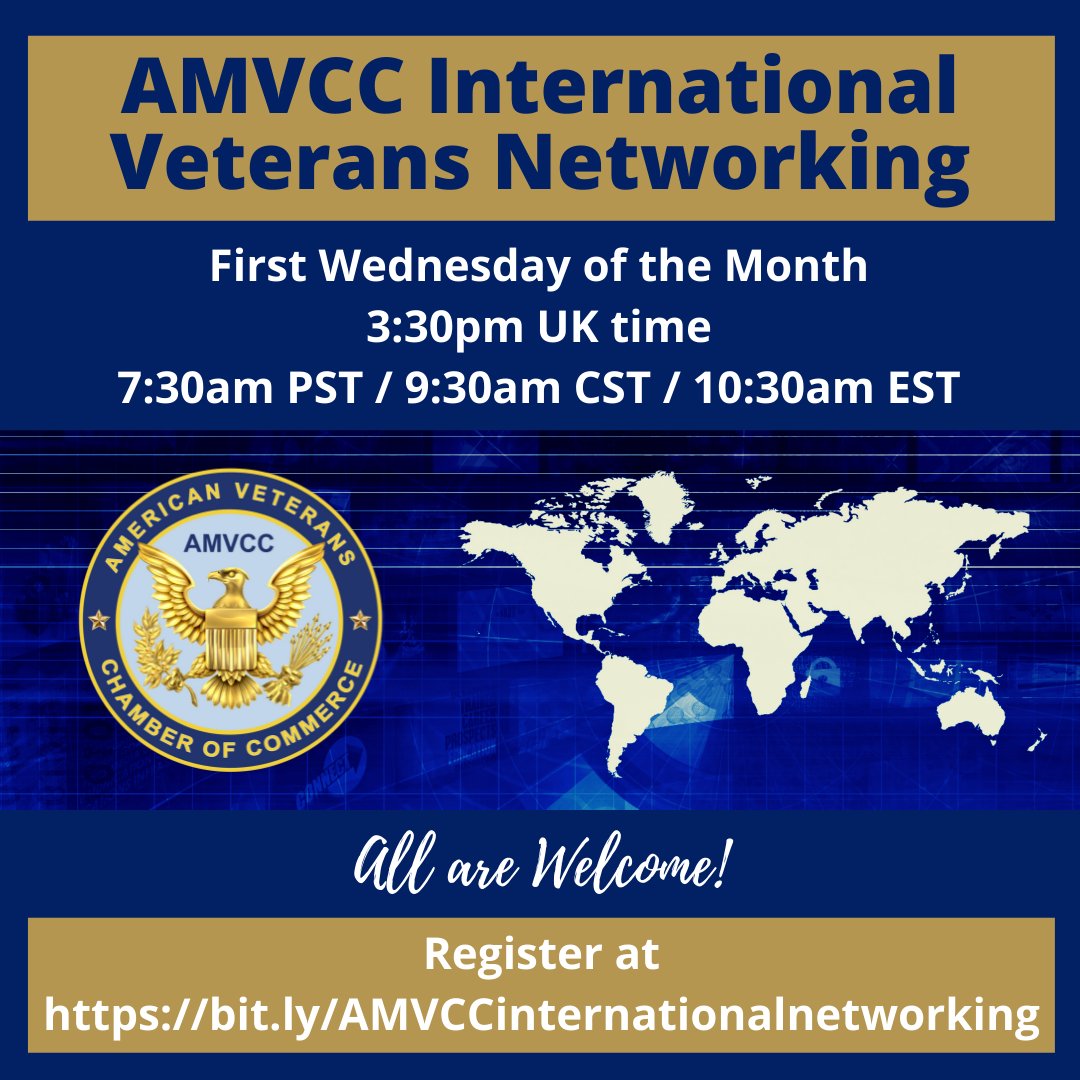 TheVetChamber's tweet photo. Save the date! Join us for International #Veterans #Networking the first Wednesday of every month!

If you’re a Veteran or want to do business with #Veteranownedbusinesses in the U.S. and internationally then this is the meeting for you! This meeting https://t.co/xJcjR5ksxp[...] https://t.co/YIW4Jqv2KA