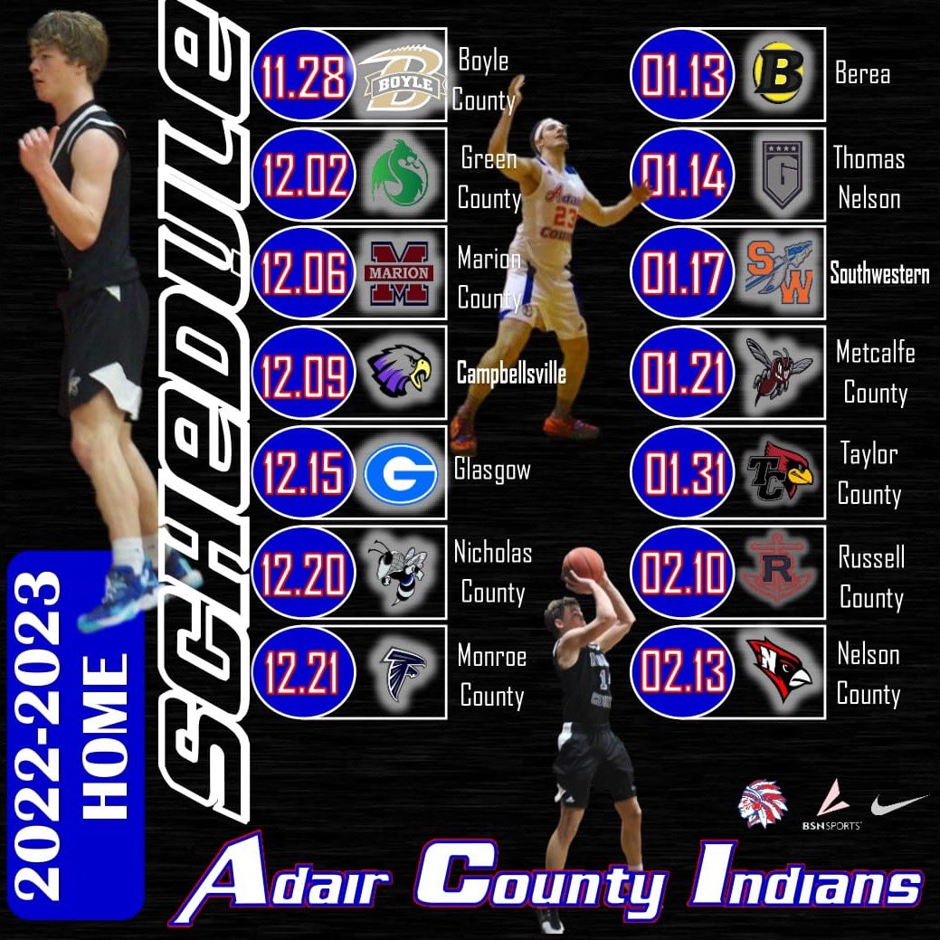AdairCoBball's tweet photo. Adair County Indians tip-off the 2022-2023 season at home in just under three months against perennial 12th region power, Boyle County. Adair County has 14 home games this season, here is their home schedule @athletics_adair @Arcountyline @AdairCoSchools @ACHS_Pep_Club https://t.co/e5NKCqC7EQ