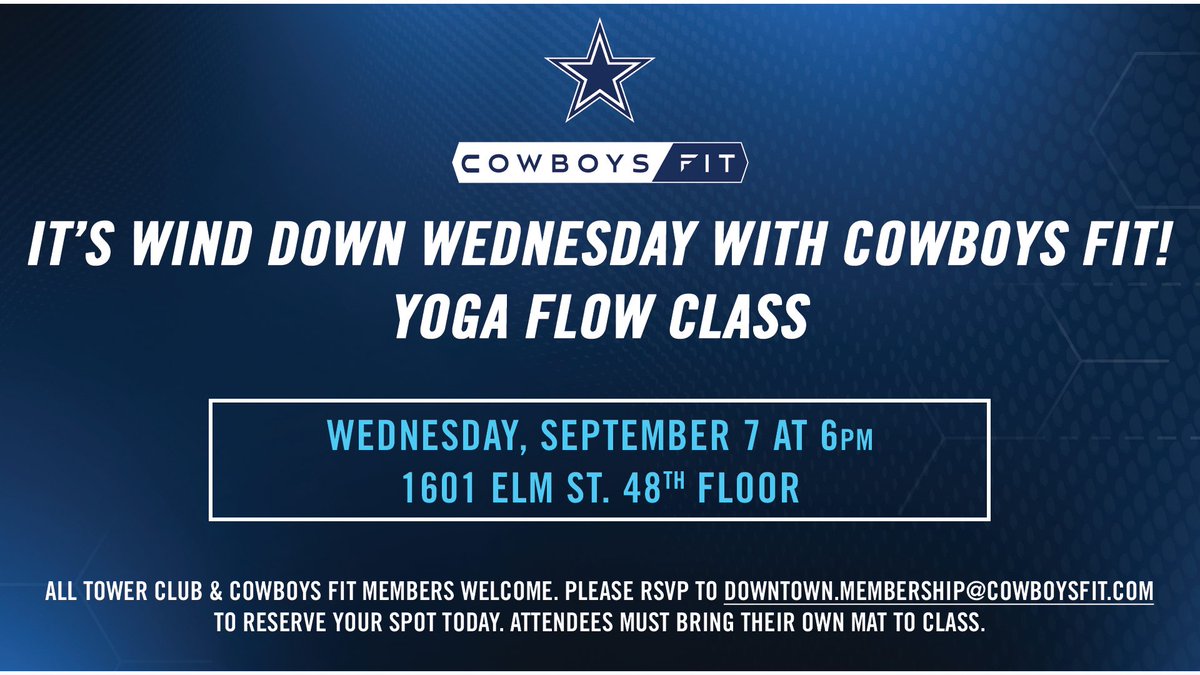 cowboysfit (@cowboysfit) on Twitter photo Join us at Tower Club for a yoga flow class! RSVP at downtown.membership@cowboyfit.com to reserve your spot today.
#CowboysFit | #TowerClub Join us at Tower Club for a yoga flow class! RSVP at downtown.membership@cowboyfit.com to reserve your spot today.
#CowboysFit | #TowerClub