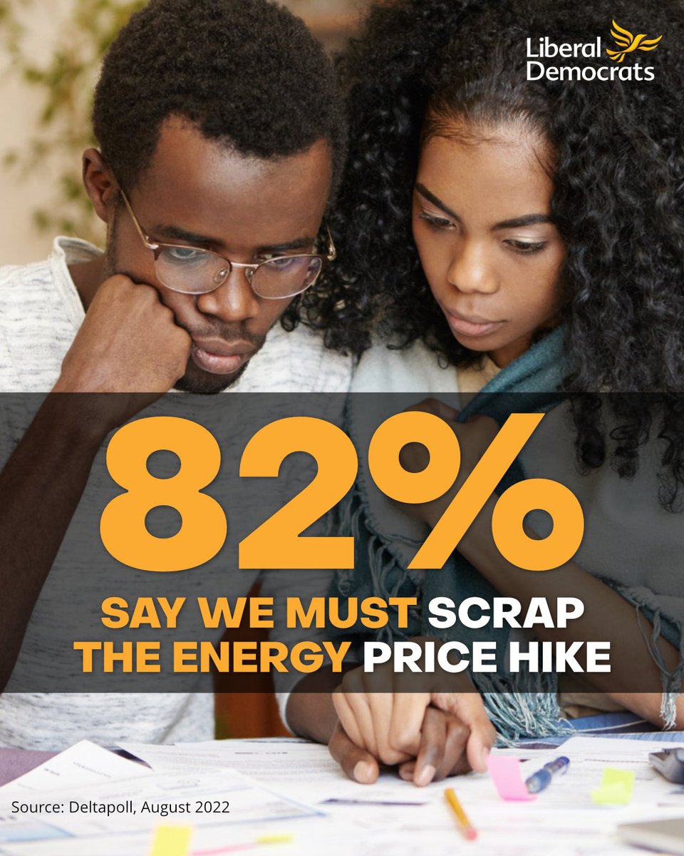 LibDems's tweet image. We need bold and urgent action to help people pay their bills and heat their homes this winter.

4 in 5 people support our plan to scrap the energy price hike - add your name: libdems.org.uk/energy