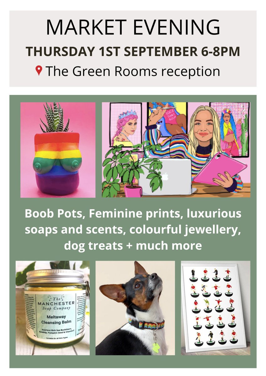 We are delighted to be hosting a local market in The Green Rooms on Thursday 01 September supporting local traders, 
 @colasclay @homelessghostprints @vintagewardrobemanchester and many more...

Looking forward to see what what lovely things to buy 🙂