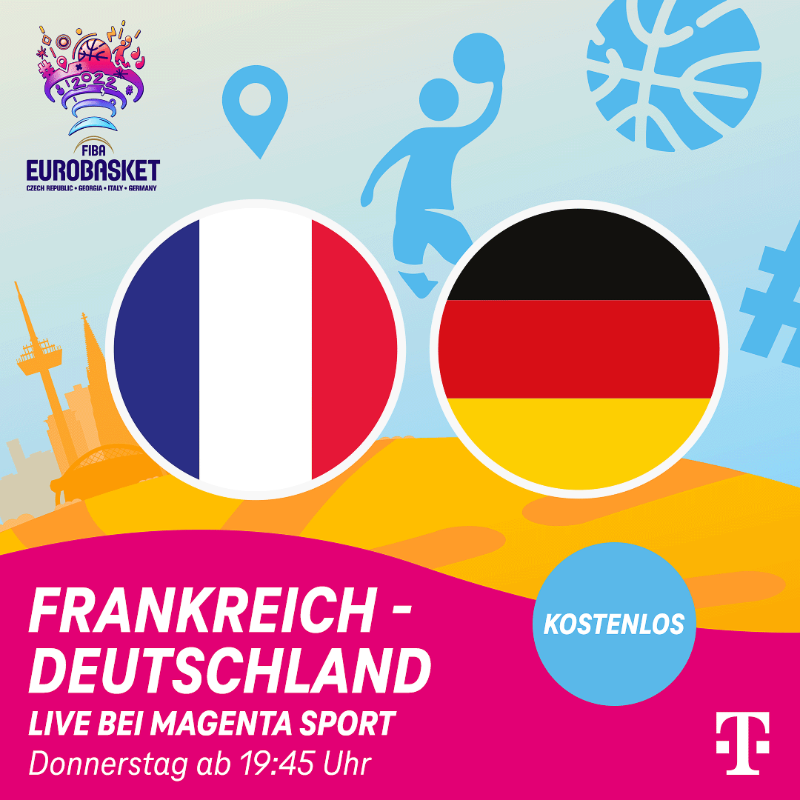 telekomshop's tweet photo. Tip-Off in der Lanxess Arena! 🏀 Das Auftaktspiel zwischen Frankreich und Deutschland gibt es heute ab 19:45 Uhr kostenlos! 🇫🇷 🇩🇪 Alle 76 Spiele der FIBA #EuroBasket 2022 live bei MagentaTV und #MagentaSport!