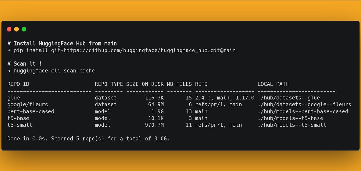 🕵️How many models and datasets did you cache from 🤗Hub? Pretty sure it's a lot more than the tiny image example! Wanna find out ? 👉Check out the new cache inspector tool soon to be released in HuggingFace Hub 🛠️. See documentation for details: huggingface.co/docs/huggingfa…