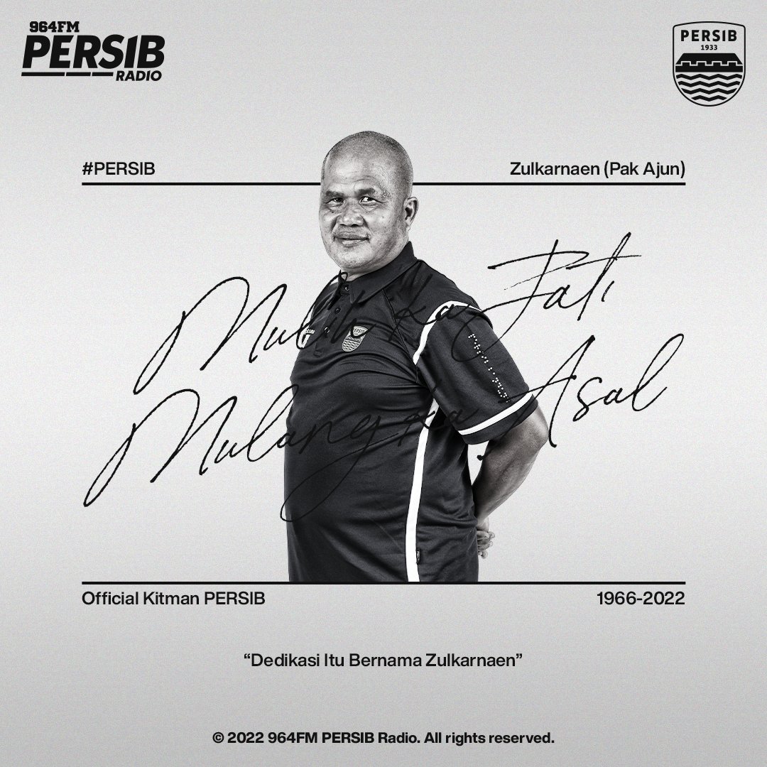 PERSIB berduka.. 
Kitman tim yg mengabdi membantu tim sejak pertengahan th 2000, Zulkarnaen (Pak Ajun) tlh meninggalkan kita semua di usianya yg 60th.
Duka cita terdlm. Semoga Alm. Husnul Khotimah. 
Utk keluarga yg ditinggalkan diberikan ketabahan, aamiin🙏

#964FM #PersibRadio