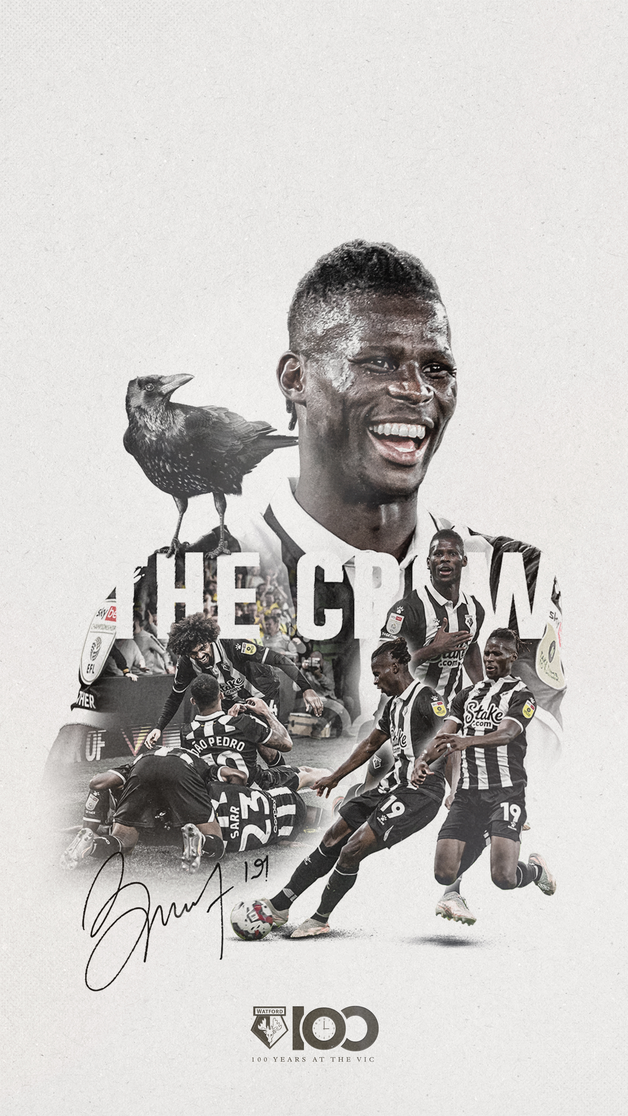 A collage of photos of Vakoun Bayo from Watford's 2-1 win against Middlesbrough. The image also includes the words 'The Crow' and an image of a crow, referencing the player's nickname.