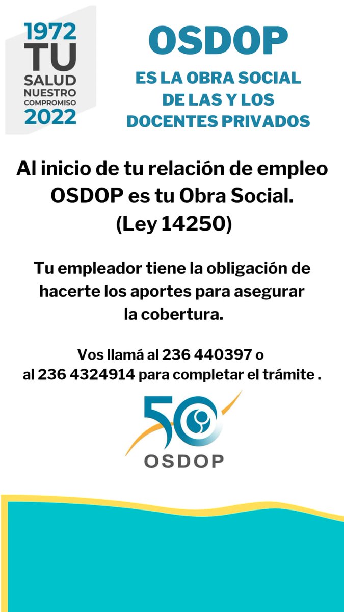 SadopJunin's tweet photo. #OSDOP
ATENCIÓN DOCENTES!!!
Al comenzar a trabajar en una Escuela de Gestión Privada, los aportes a la Obra Social que te corresponde es a la OSDOP.
OSDOP es la obra social de las y los Docentes Privados. En el flyers tenés más información.
Ante cualquier duda comunicate https://t.co/NqLyB9A7HV