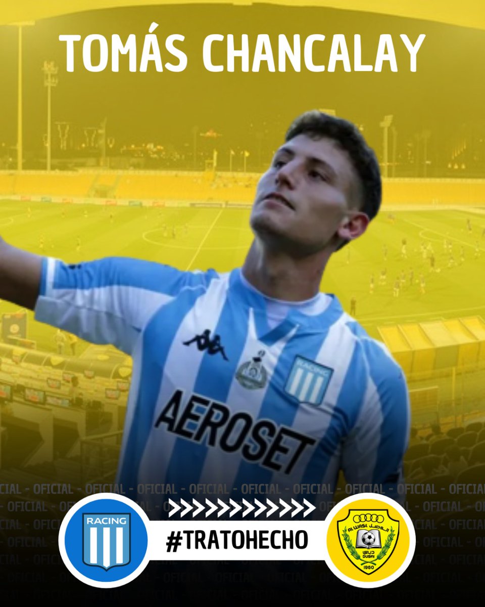 CLMerlo's tweet photo. 🚨Racing aceptó de manera formal la propuesta del Al Wasl por Tomás Chancalay, que volverá a ser dirigido por Juan Antonio Pizzi. 
*️⃣Se marcha a préstamo con cargo y opción de compra hasta junio de 2023. #TratoHecho https://t.co/cZr4nArT1O