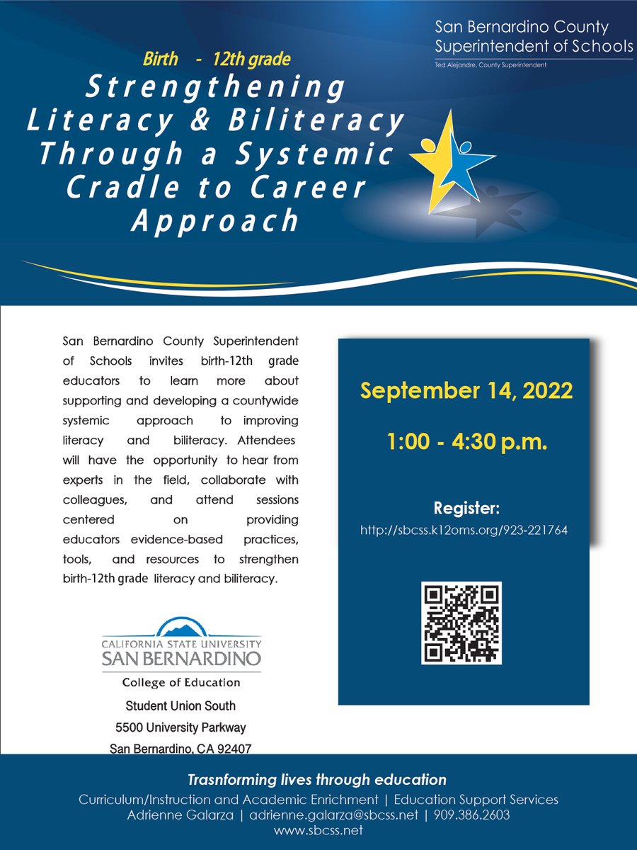 SBCSS_MultiEd's tweet image. Strengthening Literacy/Biliteracy through a Cradle to Career Systemic Approach-9/14/2022. SBCSS invites birth-12th grade educators to learn more about supporting and developing a countywide systemic approach to improving literacy and biliteracy.   sbcss.k12oms.org/923-221764