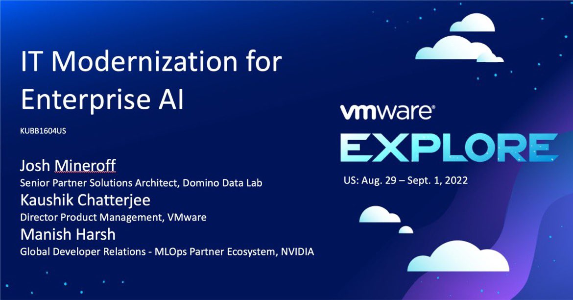 manishharsh's tweet image. Heading to my session starting in 2hrs at @VMwareExplore #sf. We will share our learnings, recommendations and discuss successful recipes of how modern IT drives AI initiatives. @NVIDIADC @NVIDIAAIDev @VMware @DominoDataLab