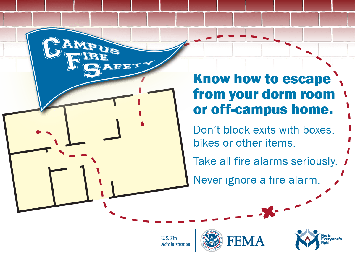 RHFES's tweet photo. Your dorm or off-campus home is where you're going to spend a lot of time...especially when you're sleeping. Know how to escape from your dorm room or off-campus house just like you would at home. #StudentFireSafety https://t.co/4Z2REkQfe2