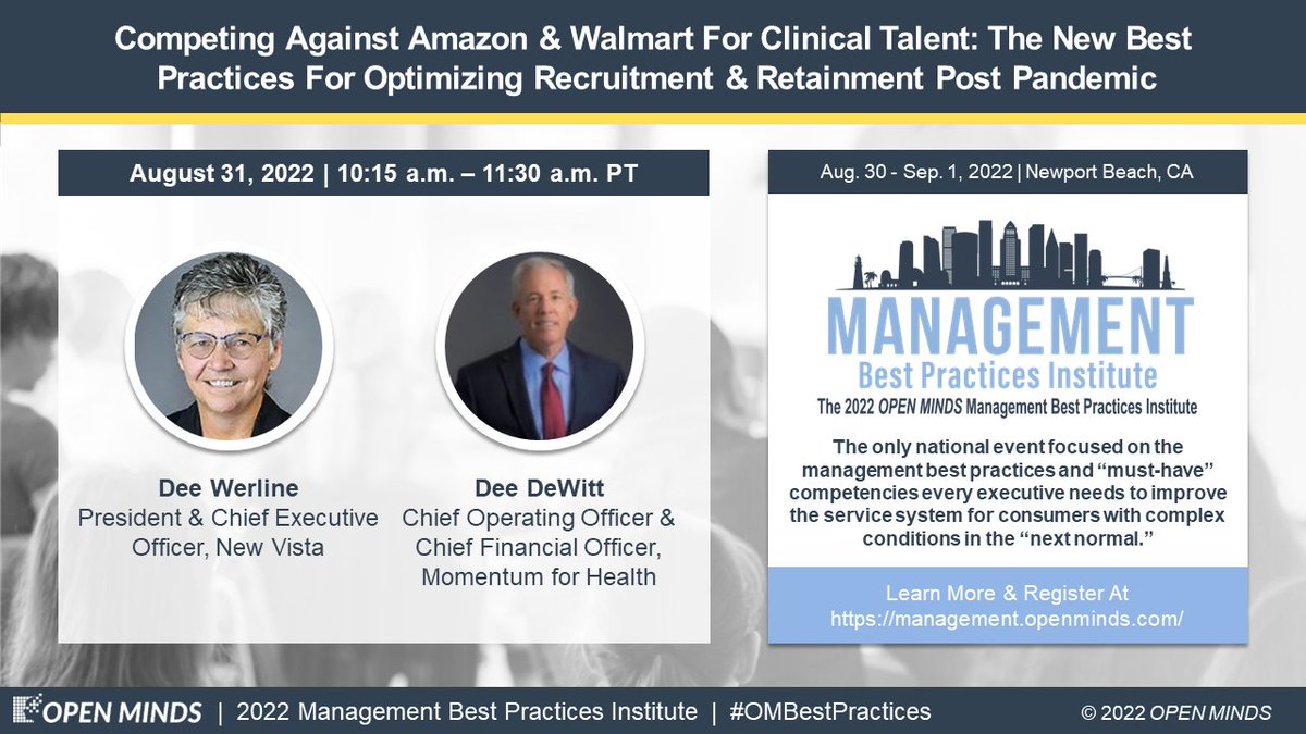 openmindscircle's tweet photo. We are about to hear from @NewVistaKY and @MomentumforH during the session “Competing Against Amazon &amp; Walmart For Clinical Talent: The New Best Practices For Optimizing Recruitment &amp; Retainment Post Pandemic.” Coming up at 10:15am PT! https://t.co/gcJyhp9iR2 #OMBestPractices https://t.co/PZGa9Zkze1