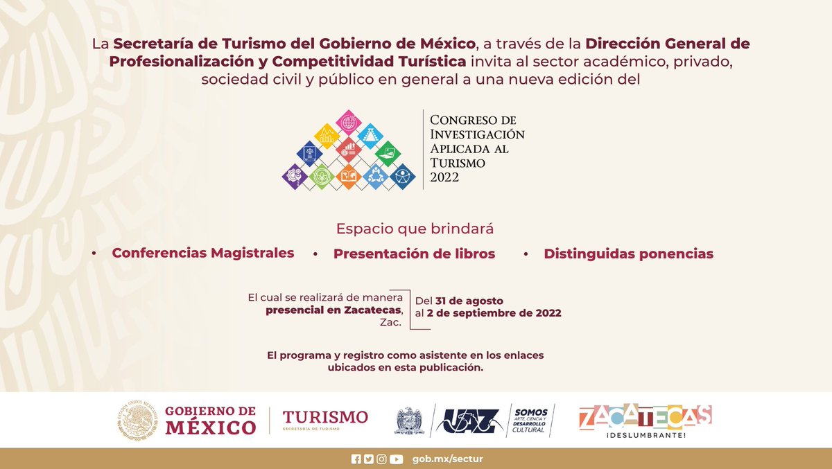 📌Te invitamos al #CIATurismo2022
Programa del evento: cutt.ly/6Z4UyTW 
Registro como asistente: cutt.ly/FLxQe8l