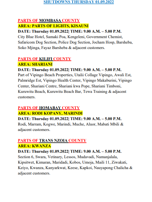 Good Evening, 
The following areas will be on a scheduled outage tomorrow, Thursday 01.09.2022. ^CM