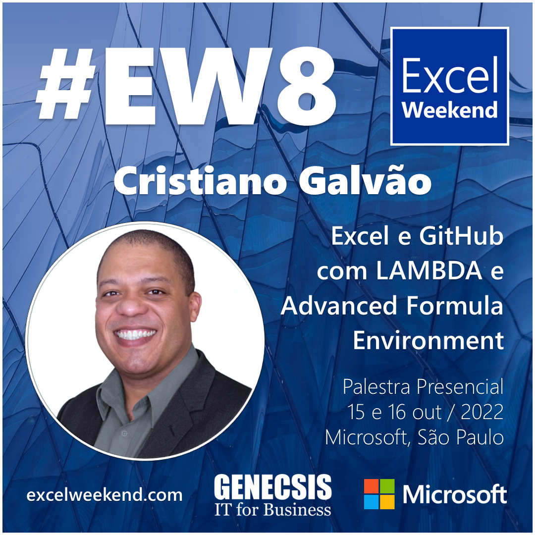 ExcelTurbo's tweet image. Participe do #EW8 e assista à minha palestra "Excel e GitHub com LAMBDA e Advanced Formula Environment"!
O Excel Weekend 8 acontece na metade de outubro, no escritório da Microsoft. Inscreva-se! excelweekend.com
#excel #excelweekend #excelturbo #ew8 #mvpbuzz