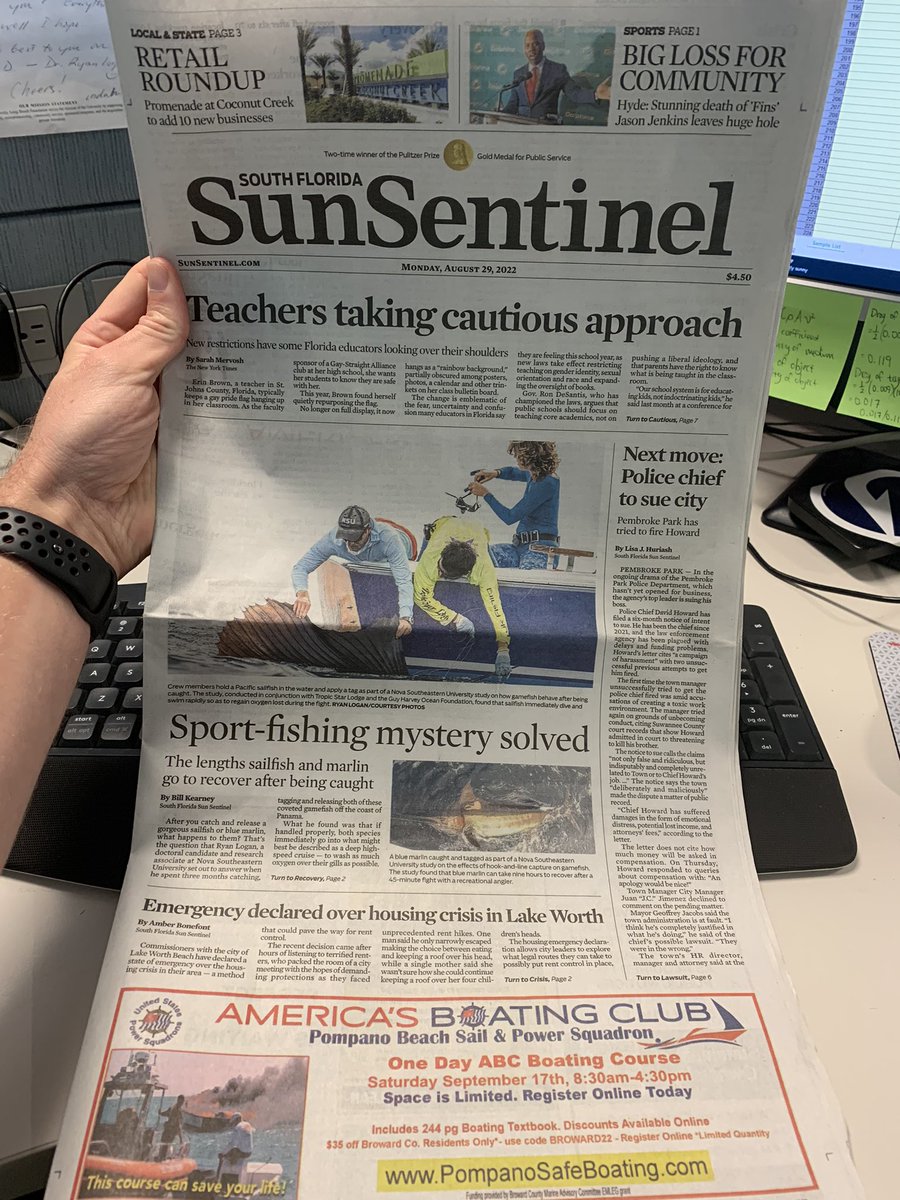 Ryan Logan, PhD (@rklogan) on Twitter photo I was out of town over the weekend so just now getting my hands on a copy, but was pleasantly surprised to see our recent study highlighted on the front page of the <a href="/SunSentinel/">South Florida Sun Sentinel</a>! Link to study: tinyurl.com/27m5p6ya
<a href="/NSUGHRI/">Guy Harvey Research Institute</a> <a href="/TropicStarLodge/">Tropic Star Lodge</a> <a href="/GuyHarveyOcean/">Guy Harvey Foundation</a> <a href="/NSUFlorida/">Nova Southeastern U.</a> I was out of town over the weekend so just now getting my hands on a copy, but was pleasantly surprised to see our recent study highlighted on the front page of the <a href="/SunSentinel/">South Florida Sun Sentinel</a>! Link to study: tinyurl.com/27m5p6ya
<a href="/NSUGHRI/">Guy Harvey Research Institute</a> <a href="/TropicStarLodge/">Tropic Star Lodge</a> <a href="/GuyHarveyOcean/">Guy Harvey Foundation</a> <a href="/NSUFlorida/">Nova Southeastern U.</a>