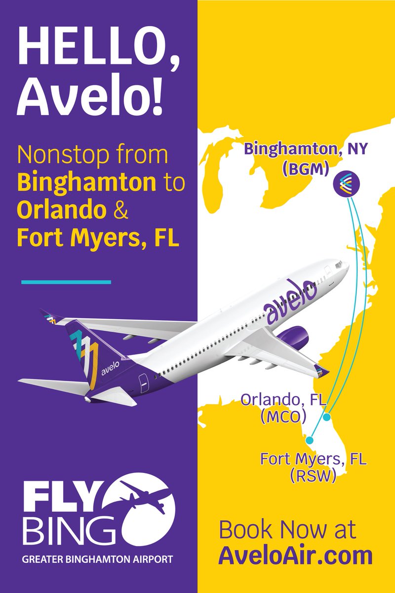 New air service arriving at <a href="/flybgm/">Binghamton Airport</a> this November!!! <a href="/AveloAir/">Avelo Airlines</a> will fly non-stop to Orlando &amp; Ft. Myers! Book flights now at aveloair.com!