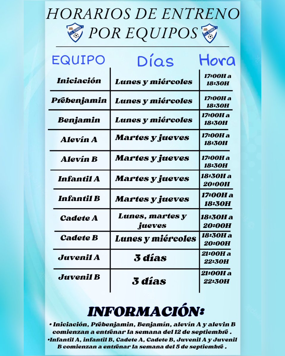 HORARIOS DE ENTRENAMIENTOS 🗓
 
⭕️La primera semana de cada categoría de infantil, alevín, Benjamin, Prebenjamin e iniciación entrenarán todos juntos en horario de “A”. 
La segunda semana entrenarán en sus respectivos horarios y grupos ℹ️