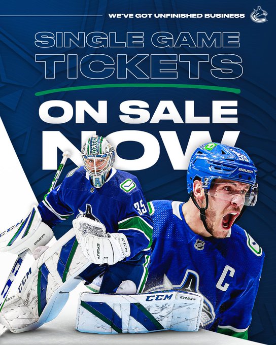 Single game tickets on sale now text graphic with images of Thatcher Demko and Bo Horvat in hockey gear in the forefront. 