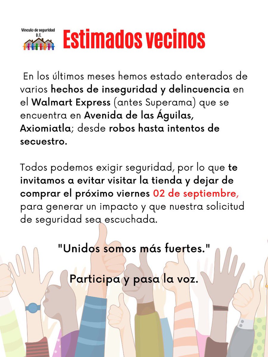 DtVinculo's tweet photo. ‼️SÚMATE Y COMPARTE‼️Este viernes 2 de septiembre NO COMPRES en @walmart_express #Axiomiatla, ante numerosas denuncias sin atender, vecinos organizados x su seguridad!!!
#PoderCiudadano #ResponsabilidadSocial 
@Profeco @Cemefi_RSE @LaComerOficial @TiendaSoriana @Chedrauioficial👇 https://t.co/Ak7nr1weqe