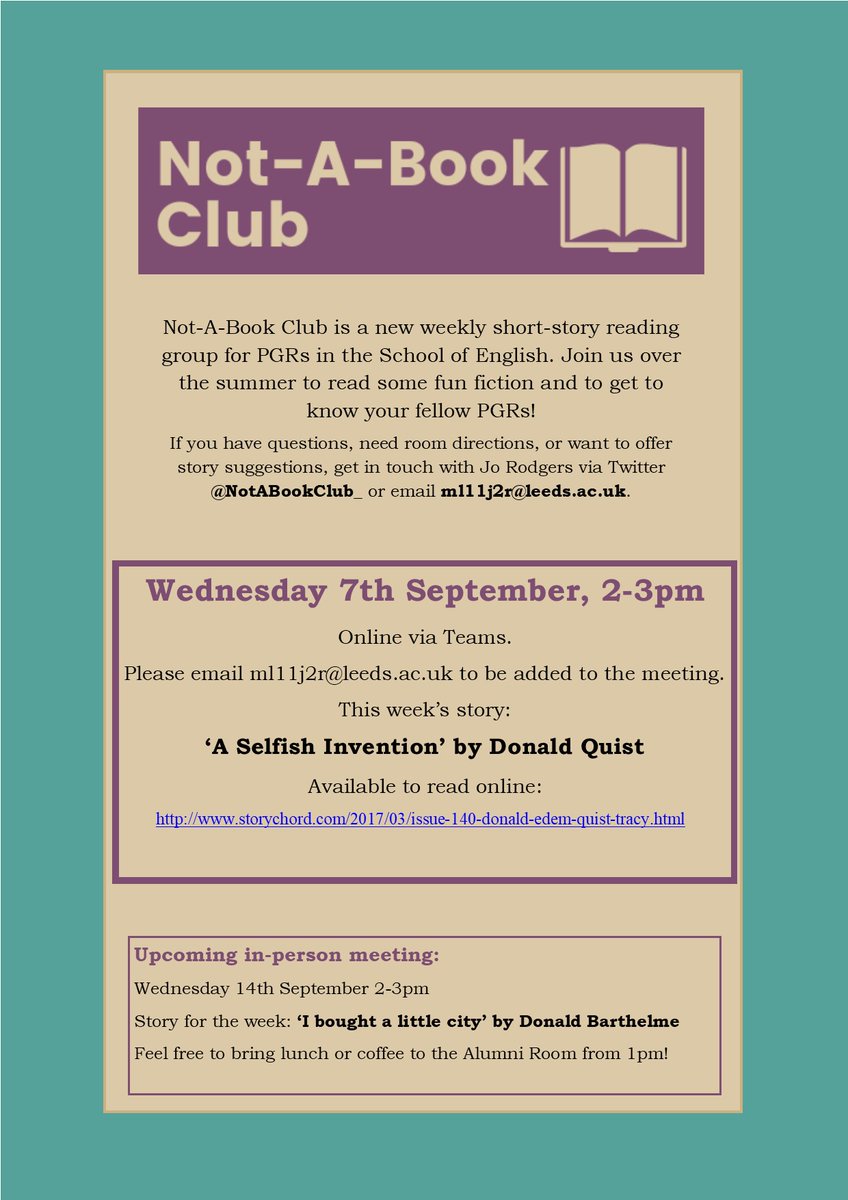 NotABookClub_'s tweet photo. Thanks to everyone for puzzling over Kafka together this afternoon! Next week's story is Donald Quist's 'A Selfish Invention'. Please join our discussion online via Teams! If you need to be added to the online event, please DM or email ml11j2r@leeds.ac.uk https://t.co/Gvob6Es5OX https://t.co/dVsJUkXlcB