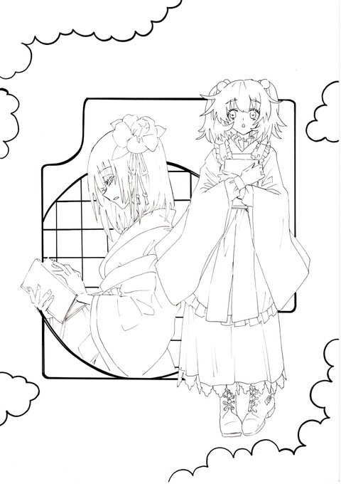 阿求と小鈴のアクリル画用に描いた線画
大正ロマンな雰囲気で仕上げたいです 