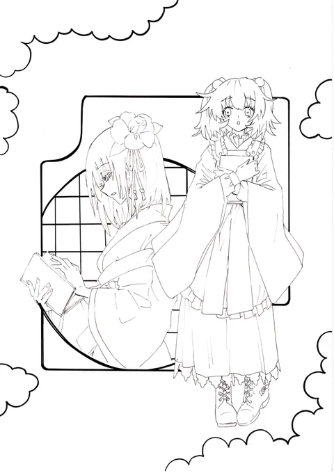 阿求と小鈴のアクリル画用に描いた線画
大正ロマンな雰囲気で仕上げたいです 